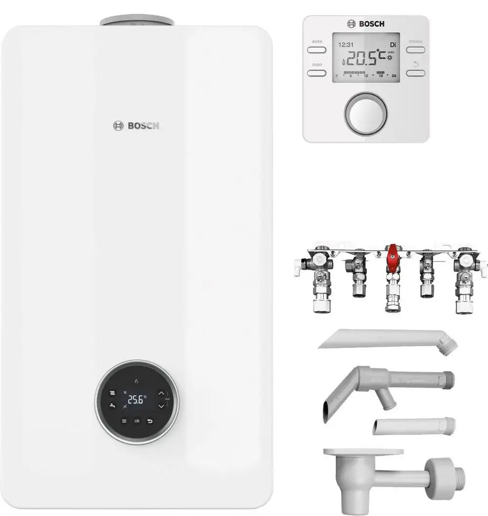 Bosch Heizgerät in weißer Ausführung mit digitalem Steuergerät. Dazu diverses Zubehör wie Ventile und Rohre, ebenfalls in weißer Farbe, angeordnet unter dem Heizgerät.